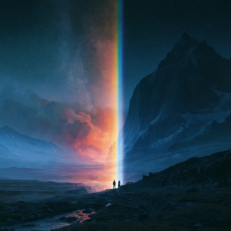 Surreal mountain landscape at night with a glowing multicolor light beam