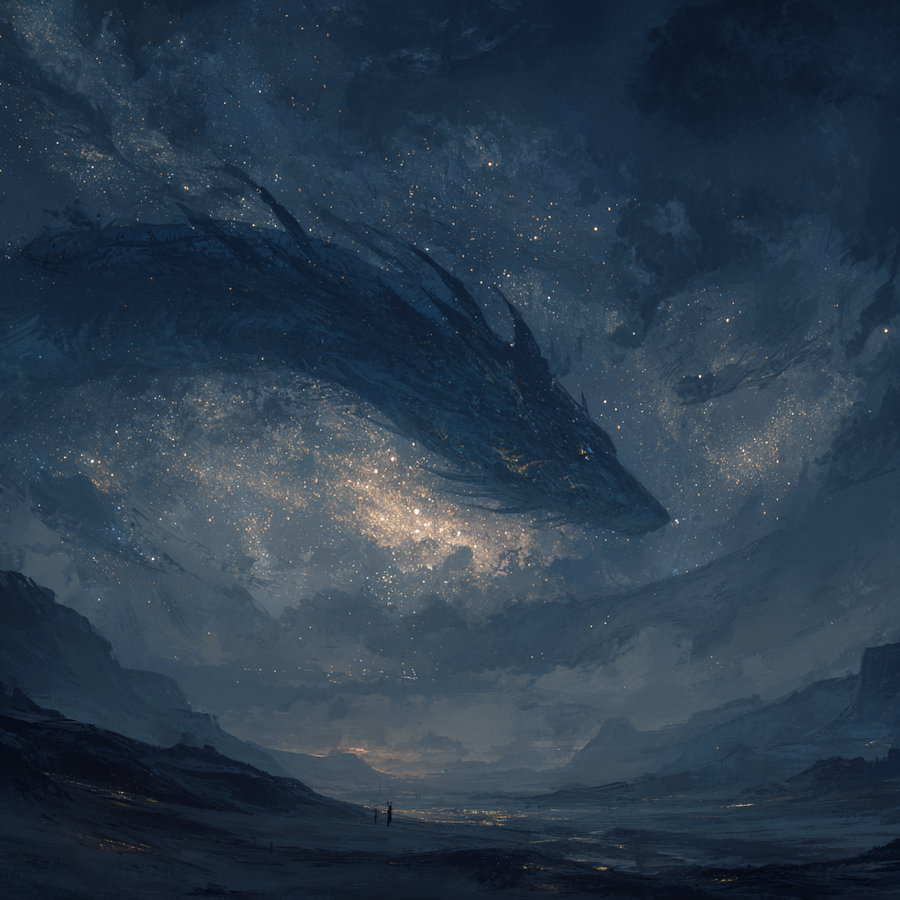 A surreal night sky scene depicting a large whale-like cosmic creature swimming among stars and clouds over a dark mountainous landscape with tiny human figures