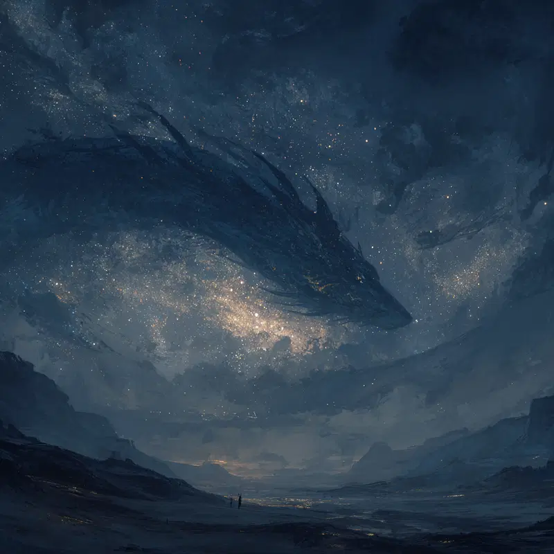 Dreamy and fantastical night sky with a cosmic whale above landscape