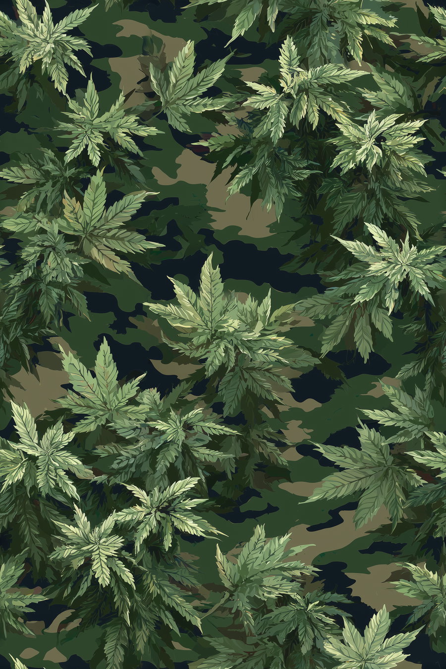 Illustration of overlapping green leafy plants on a camo background with dark green, olive, and black colors