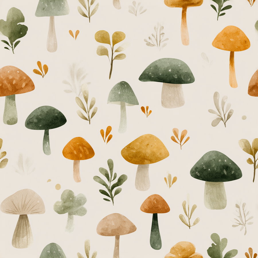Pattern of various watercolor mushrooms and leaves in green, orange, and beige tones on a light background