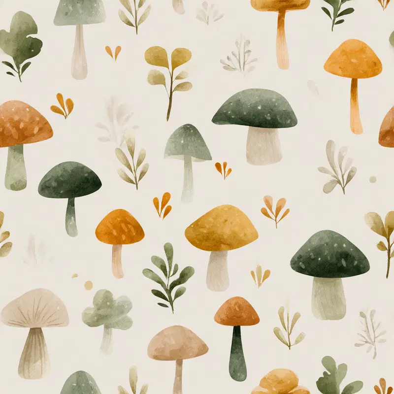 Watercolor style botanical wall art featuring mushrooms and leaves in natural tones