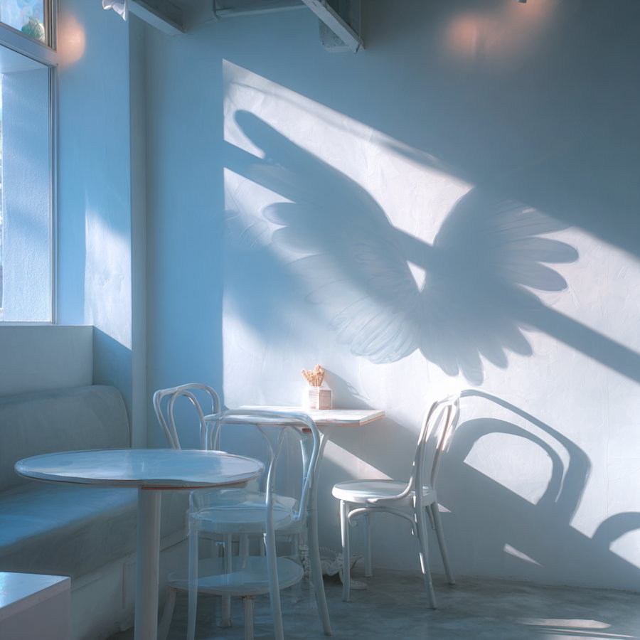 Interior of a small cafe with white tables and chairs, soft blue walls, and sunlight casting an angel wing shadow on the wall