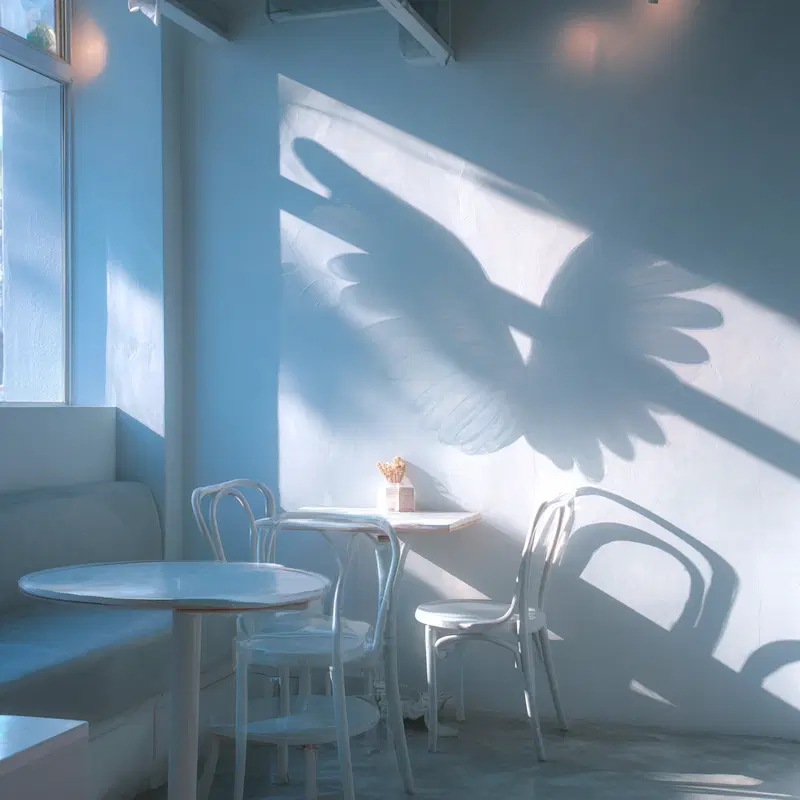 Aesthetic wall decor with soft light creating angel wings shadow on a blue cafe wall