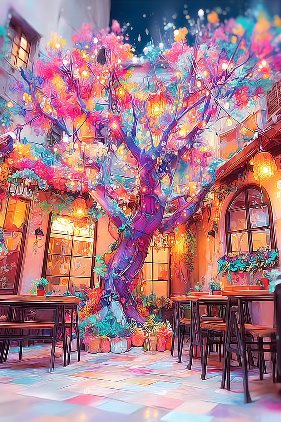 Digital artwork of a courtyard with a large tree adorned with colorful leaves and hanging lanterns, surrounded by tables and chairs with warm light coming from windows