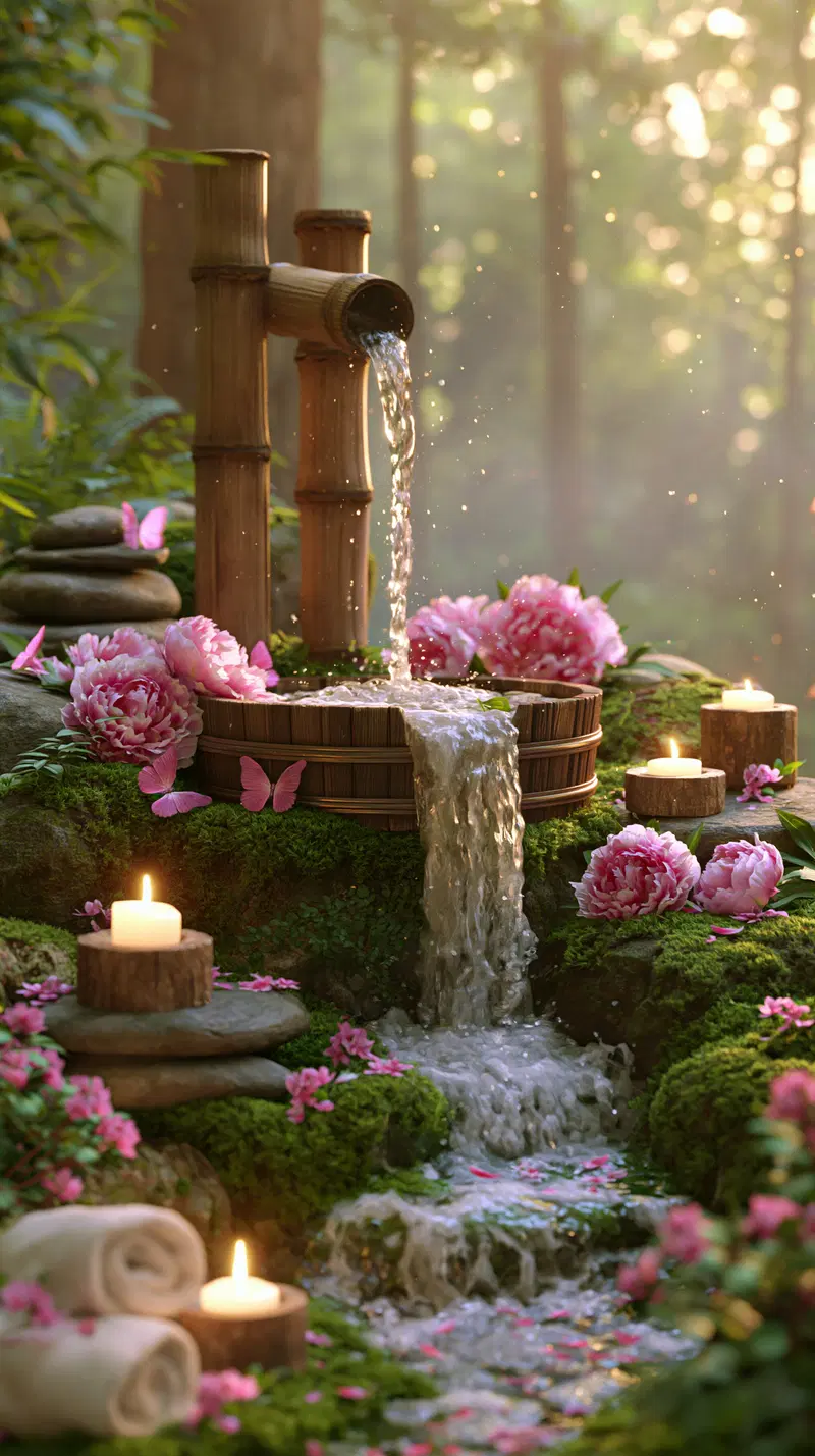 Serene garden scene with bamboo water fountain, pink flowers, and candles
