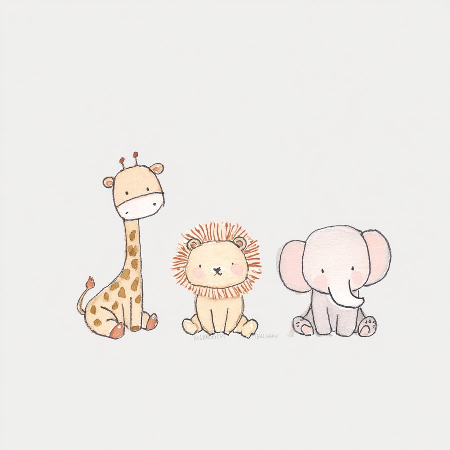 Watercolor drawing of a cute giraffe, lion, and elephant sitting in a row on a white background.