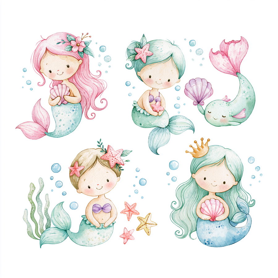 Five watercolor cute mermaids with pastel-colored tails, seashell accessories, starfish, and bubbles surrounding them on a white background
