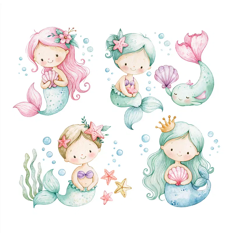 Adorable watercolor illustrations of cheerful mermaids with sea elements