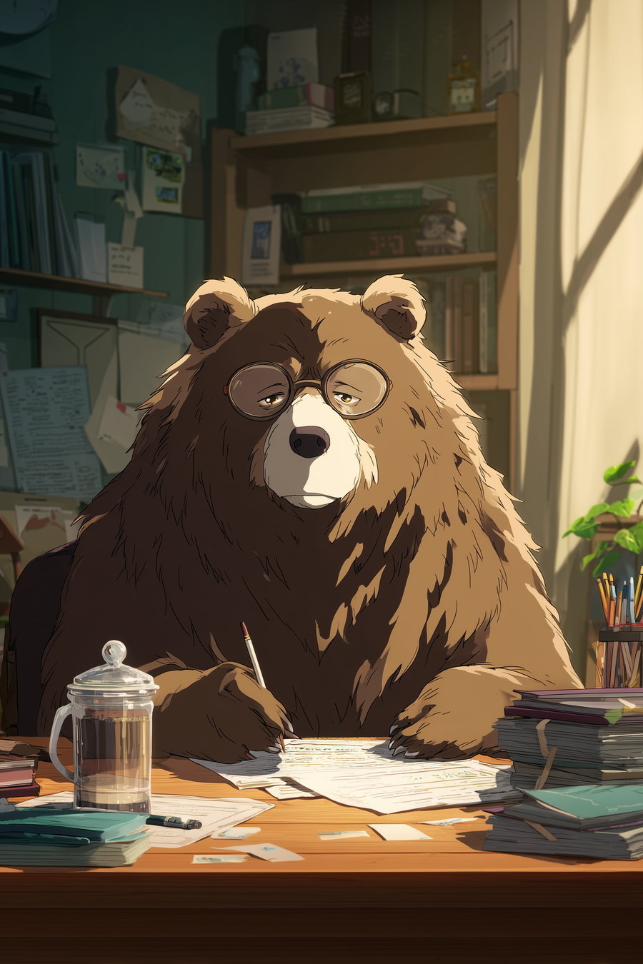 A large brown bear with glasses sitting at a wooden desk filled with papers and books, holding a pencil as if writing, in a warmly lit room with shelves, books, and plants in the background