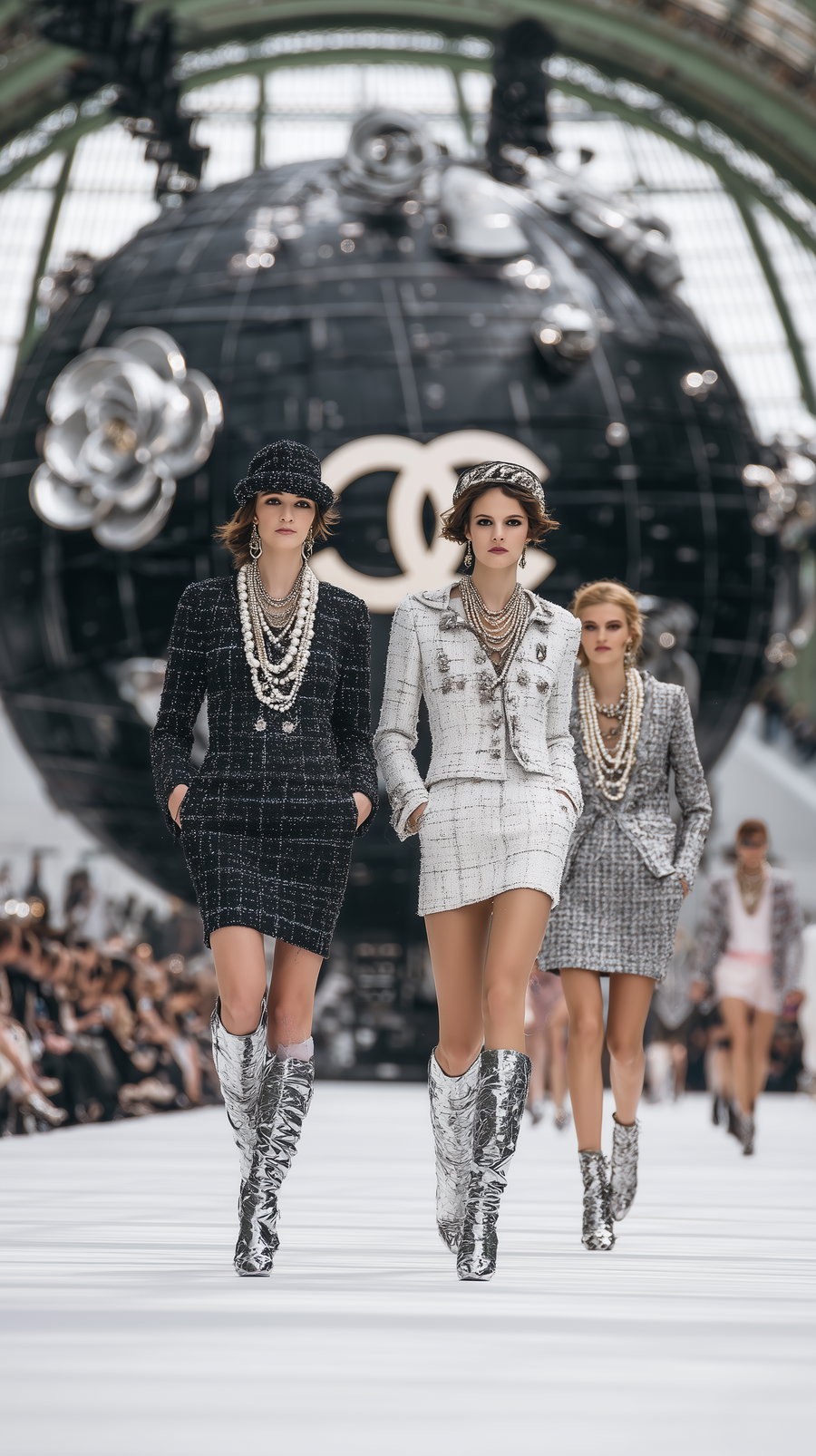 Models walking on a fashion runway wearing black, white, and grey tweed skirts and jackets with layered pearl necklaces, silver boots, and hats against a backdrop with a large black globe and a double C logo.