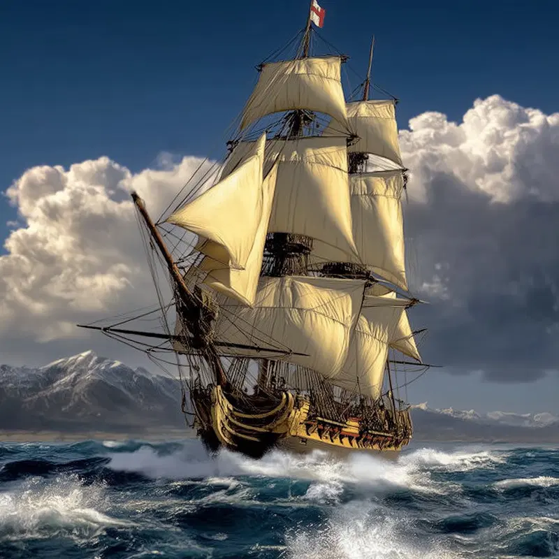 Historic old sailing ship with billowing sails on rough ocean waves