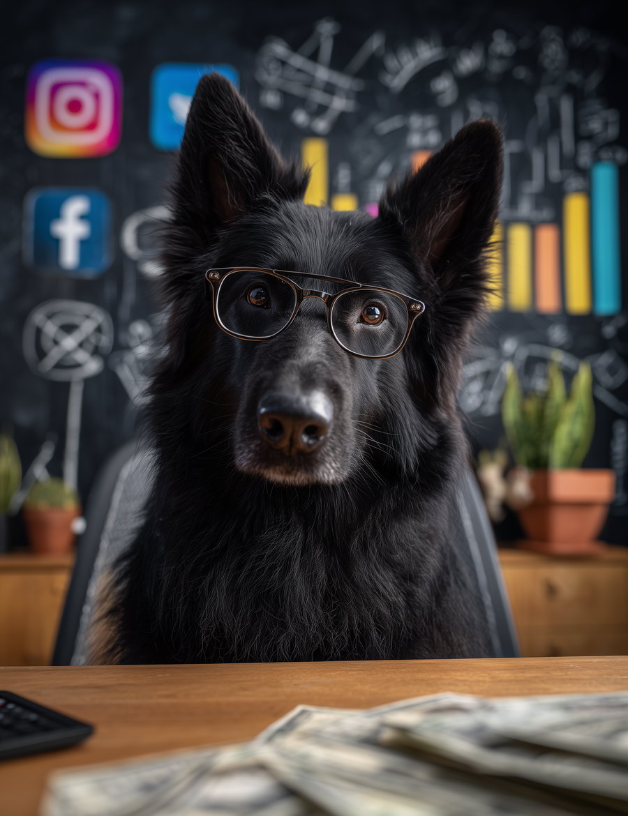 A black dog wearing glasses sitting at a wooden desk with blurred US dollar bills in the foreground and social media icons and graphs drawn on a blackboard in the background