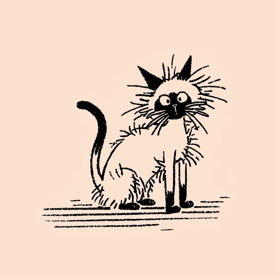 Black and white drawing of a cat with spiky fur, large eyes, and dark ears, face, paws, and tail tip on a beige background