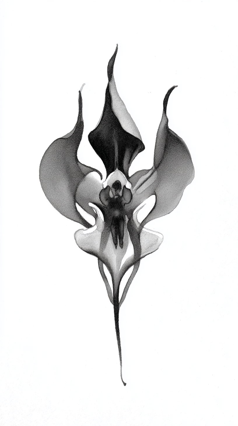 Black and white detailed drawing of an abstract orchid flower with intricate petal shapes on a white background