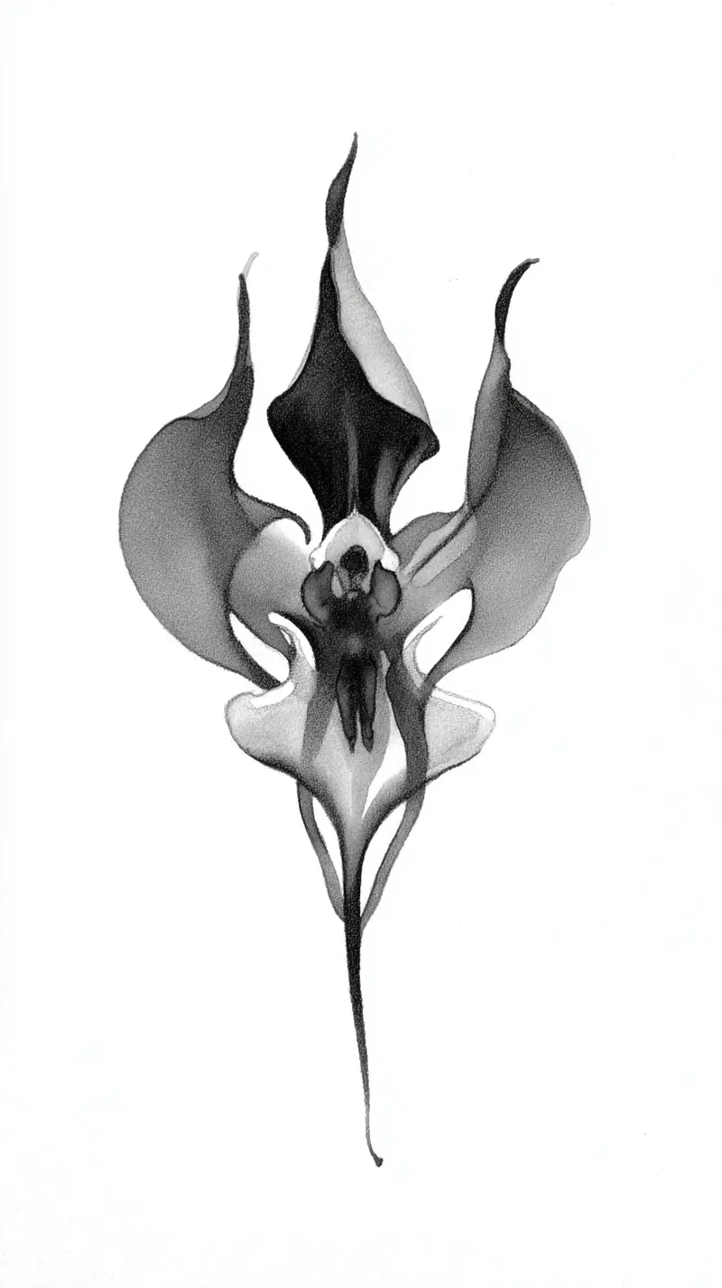 Artistic black and white botanical illustration of an abstract orchid flower