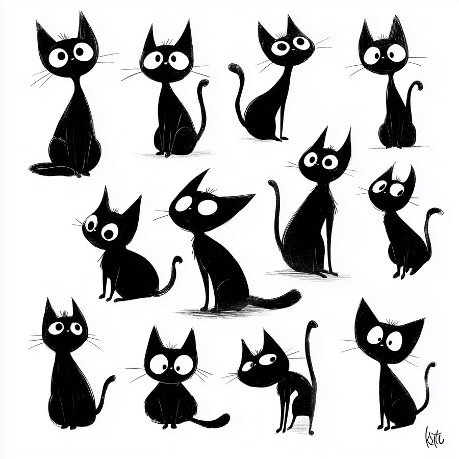 Collection of black cat cartoon illustrations showing different poses and expressions, all in black and white.