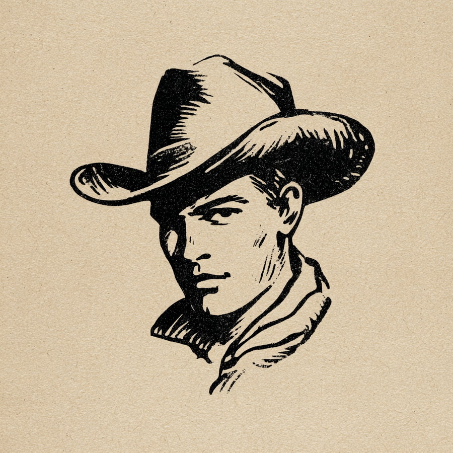 Black ink vintage style illustration of a man wearing a cowboy hat on a textured beige paper background