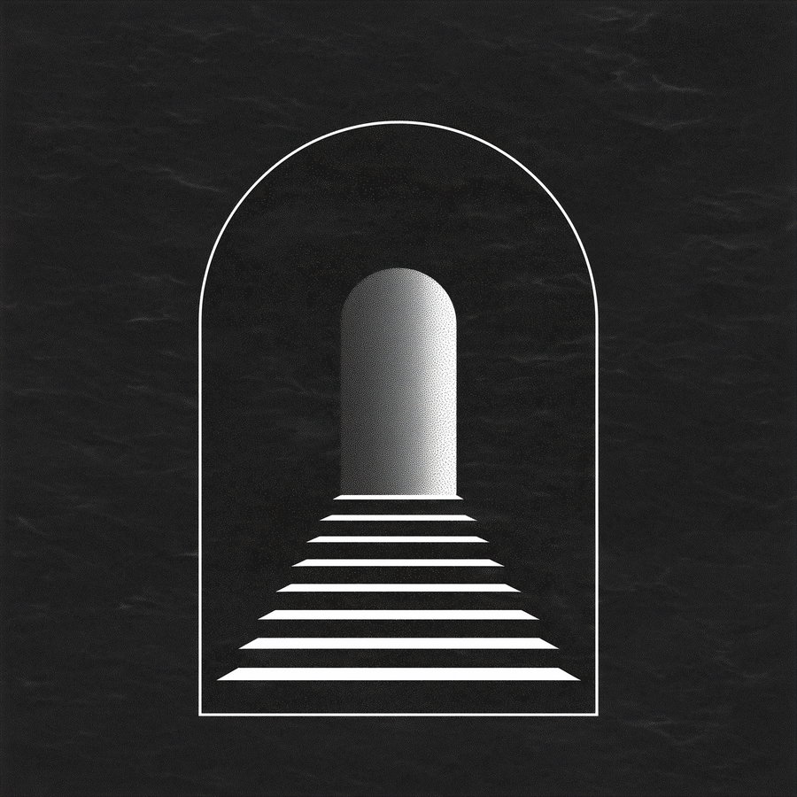 Black and white minimalist art showing a staircase leading up to a rounded arch doorway on a black textured background.