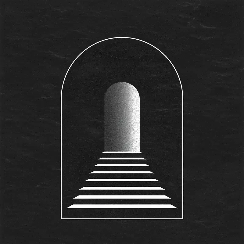 Minimalist black and white art with staircase leading to arched doorway