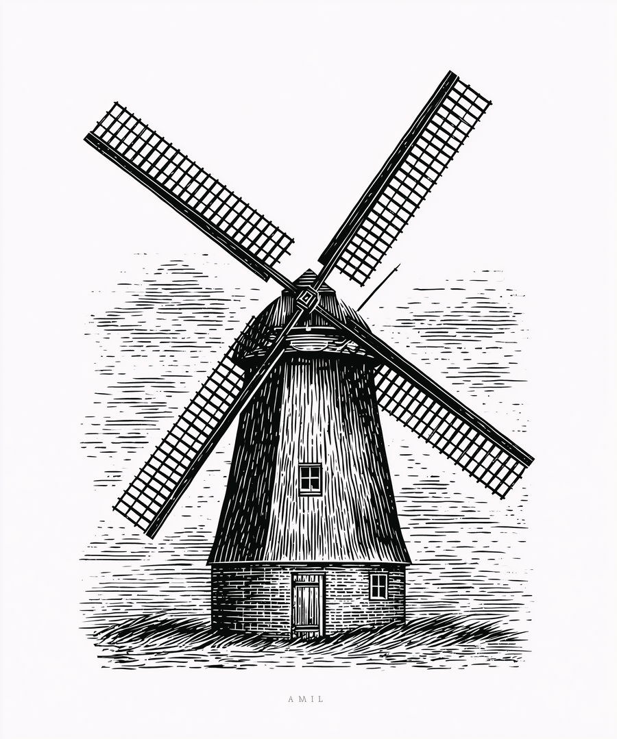 A detailed black and white vintage line drawing of a windmill with four blades, a small door, and two windows, set against a background with some texture lines representing the sky