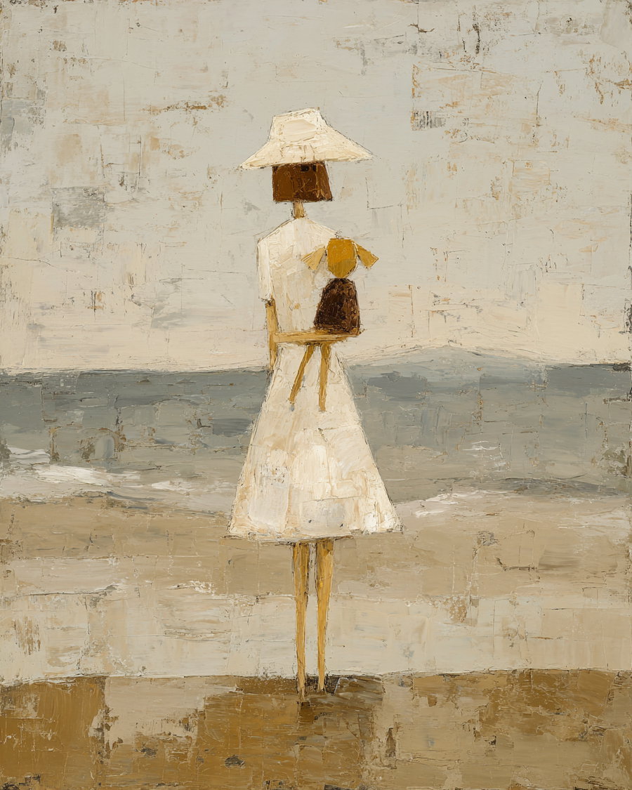 Abstract minimalist painting showing a woman with a white dress and wide hat holding a small dog, standing at the seashore with muted earthy tones and textured brushstrokes.