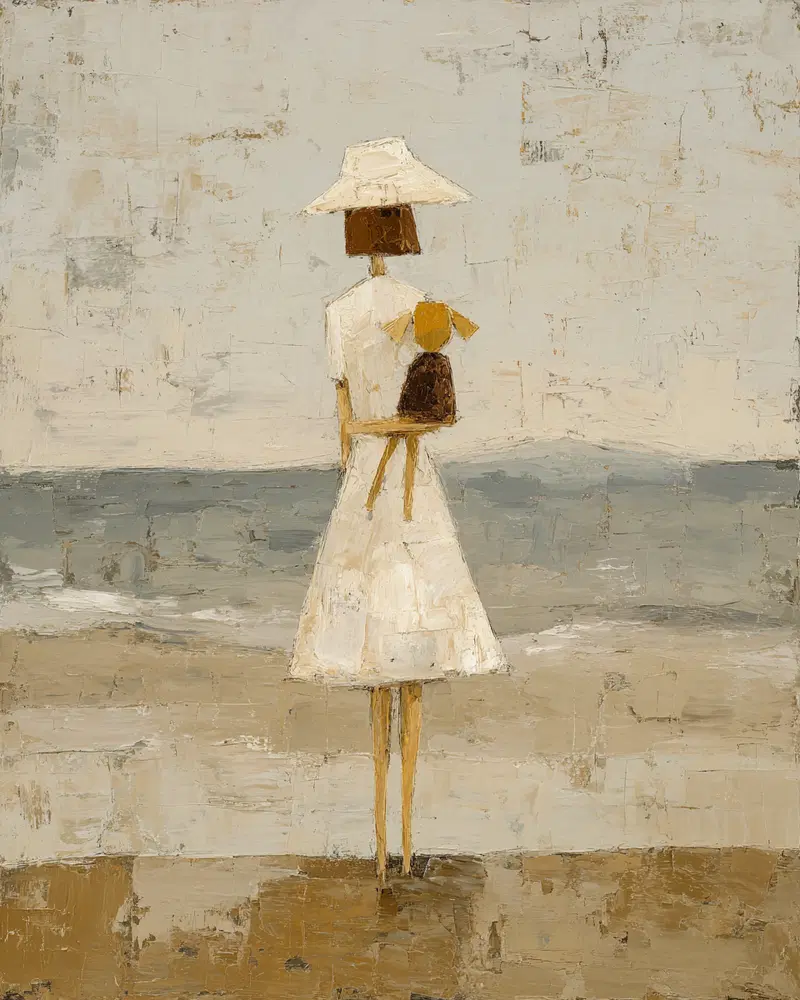 Minimalist painting of a woman in white dress and hat holding a dog by the sea