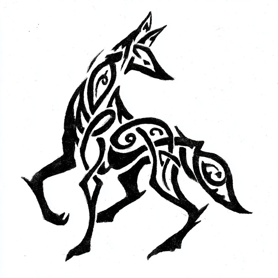 Black ink tribal design of an animal, possibly a fox or a canine, with intricate swirling and geometric patterns on a white background