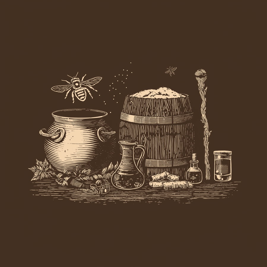 Hand-drawn vintage style artwork showing a pot, barrel filled with powder, a glass bottle, a wooden staff, herb plants, bees, and rolled scrolls on a wooden surface against dark background