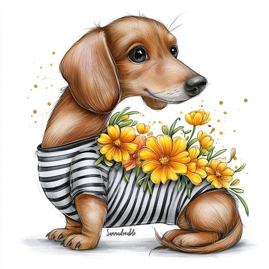 Illustration of a brown dachshund wearing a black and white striped shirt with yellow flowers emerging from the back