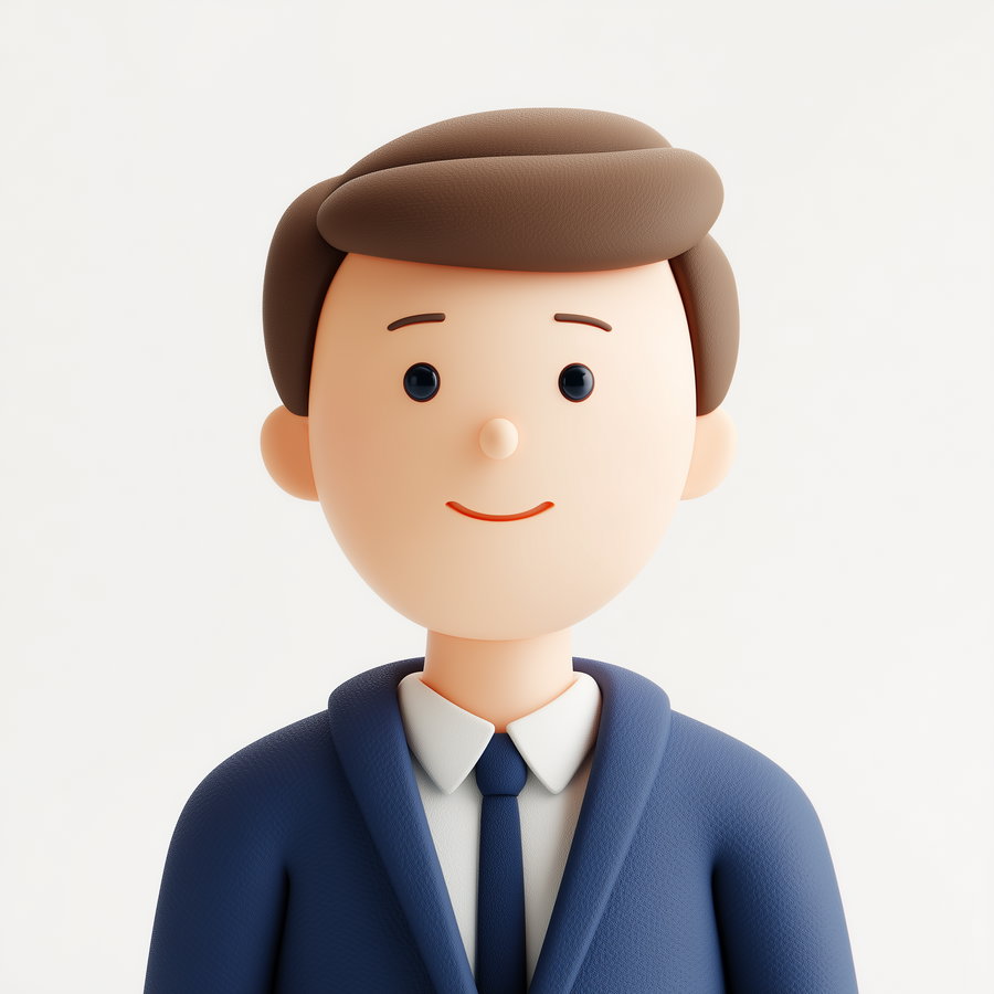 3D rendered minimalist portrait of a man with brown hair, wearing a blue suit, white shirt, and blue tie, smiling against a plain white background