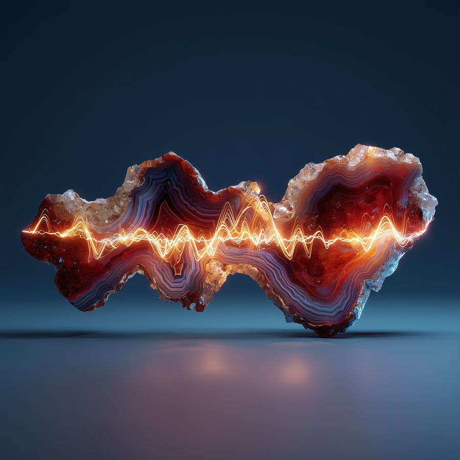 Glowing neon waveform passing through a translucent agate stone slice with layered mineral patterns on a dark blue background