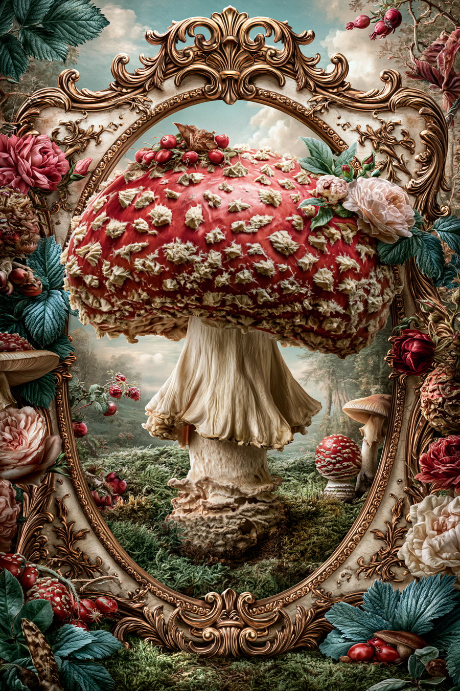 A detailed vintage botanical illustration featuring a large red toadstool mushroom with white spots framed by an ornate golden frame, surrounded by flowers, leaves, and forest scenery.
