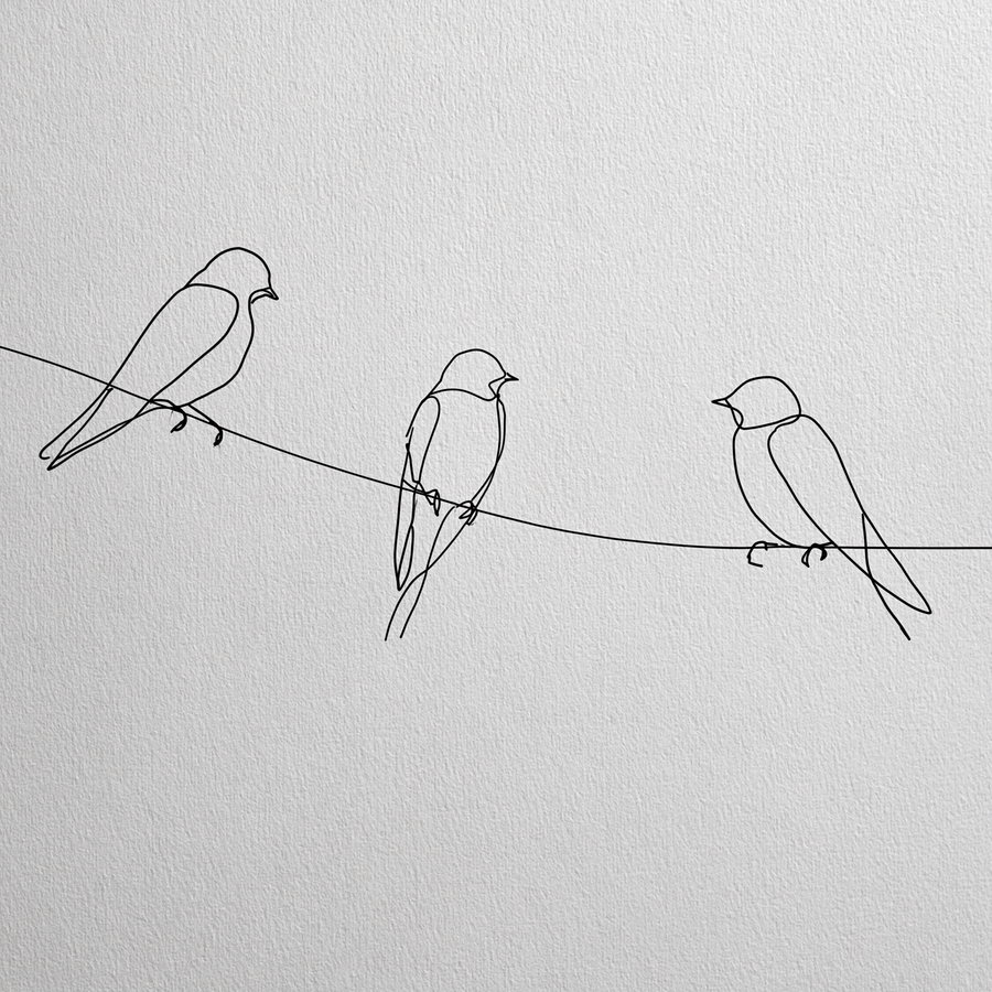 Black continuous line drawing of three birds perched on a wire on textured white background