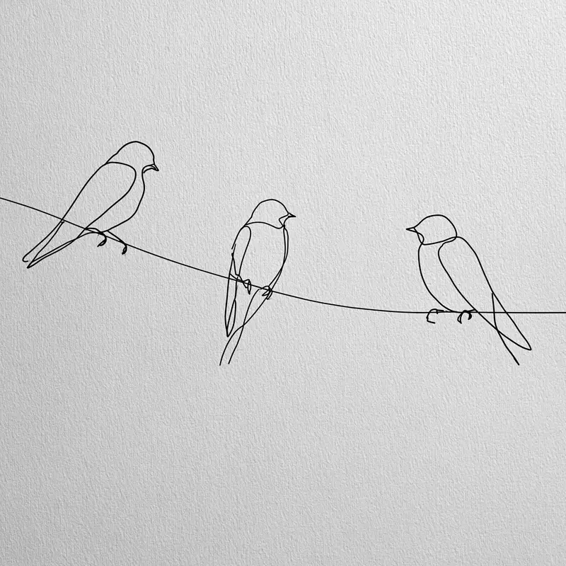 Minimalist continuous line drawing of three birds on a wire