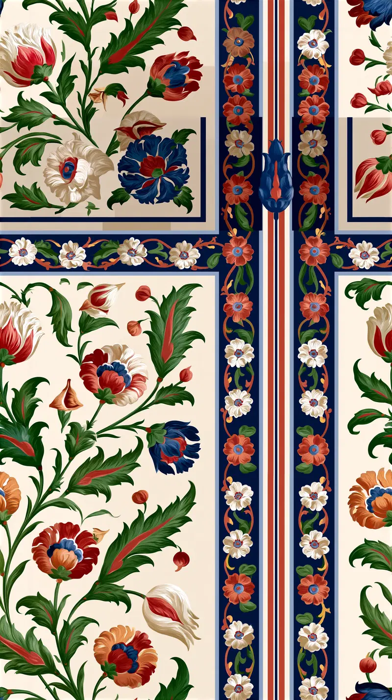 Classic vintage botanical floral pattern with navy and cream accents