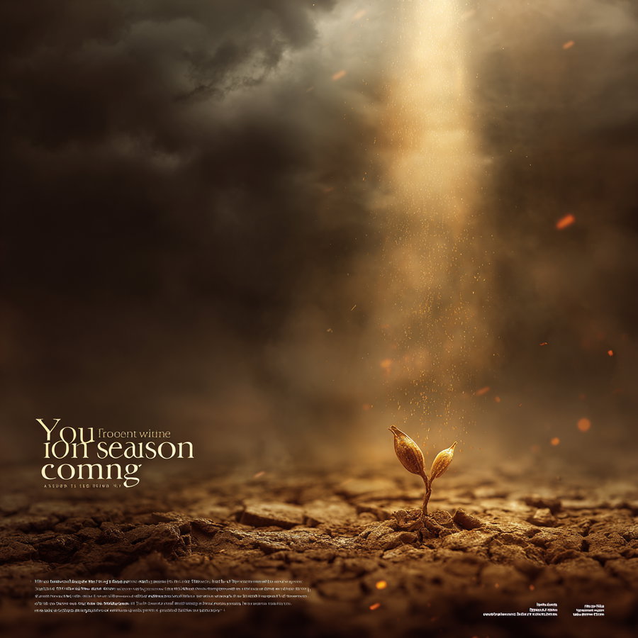 A small sprouting plant growing from dry, cracked soil illuminated by a warm golden beam of light with floating particles and smoke in the background