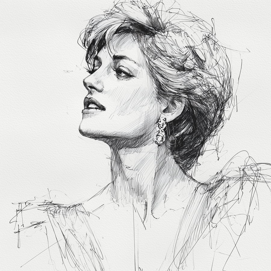 Black and white pencil sketch of a woman in profile view with short hair, detailed facial features, and wearing ornate earrings