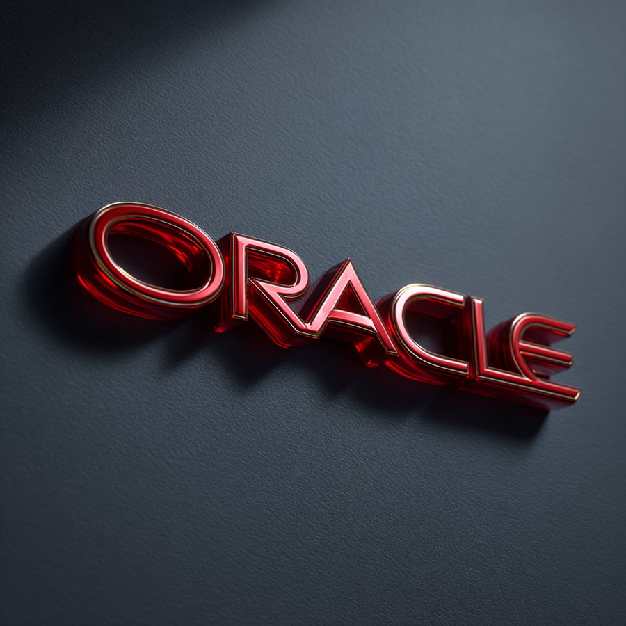 3D text spelling ORACLE in red glass material with shadows on a dark textured wall