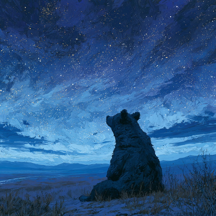 A painted image of a bear sitting on grassy land looking up at a vast star-filled night sky with shades of blue