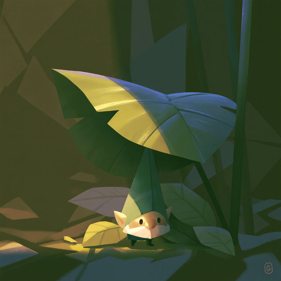 A small gnome-like figure with a green hat standing under a large leaf, surrounded by other leaves and soft forest lighting