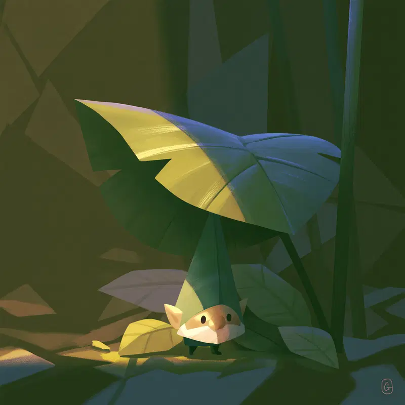 Whimsical illustration of a small gnome under large leaves in a forest