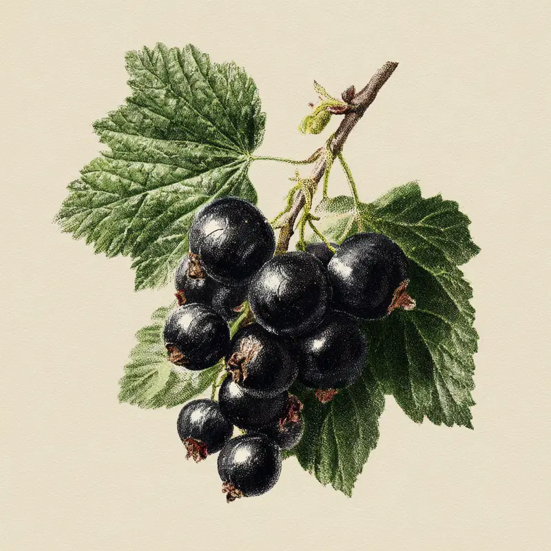 Detailed Vintage Botanical Illustration of Blackcurrant Berries and Leaves