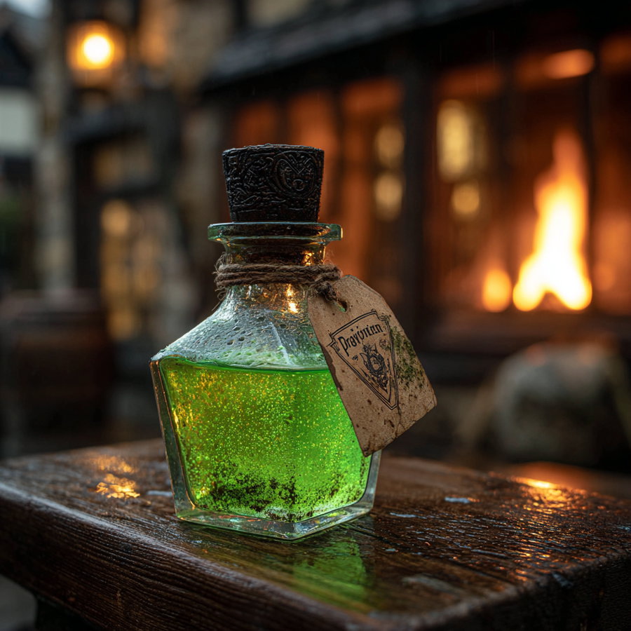 Close-up of a vintage hexagonal glass bottle filled with glowing green liquid and sealed with a decorative black cork, resting on a wooden surface with an old tag attached, blurred warm fire and rustic background
