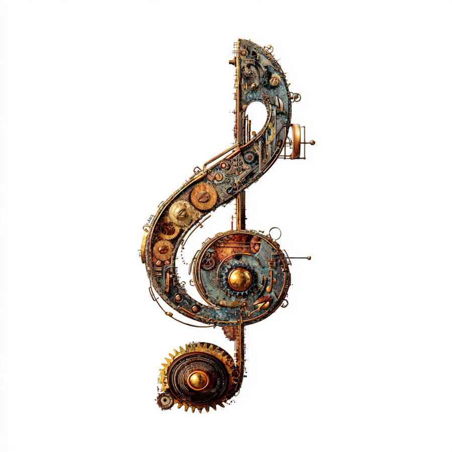 A steampunk-inspired mechanical treble clef symbol made of various gears, pipes, and metal components with a rustic metallic finish