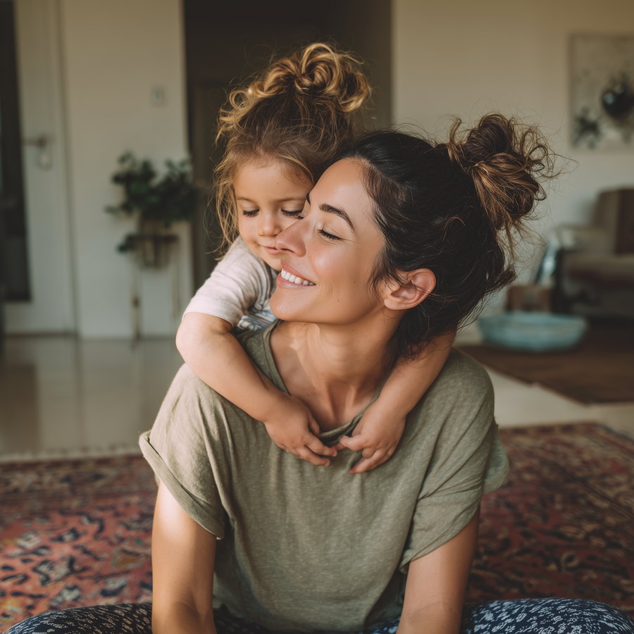 A close-up of a smiling woman with dark hair in a messy bun and a young child with blonde hair hugging her from behind, both with eyes closed, sitting on a patterned rug in a cozy living room.