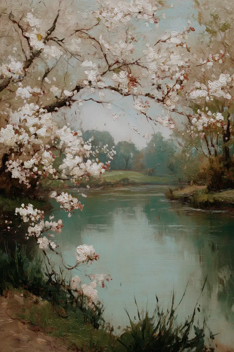 Vintage oil painting of blossoming tree branches by a calm river