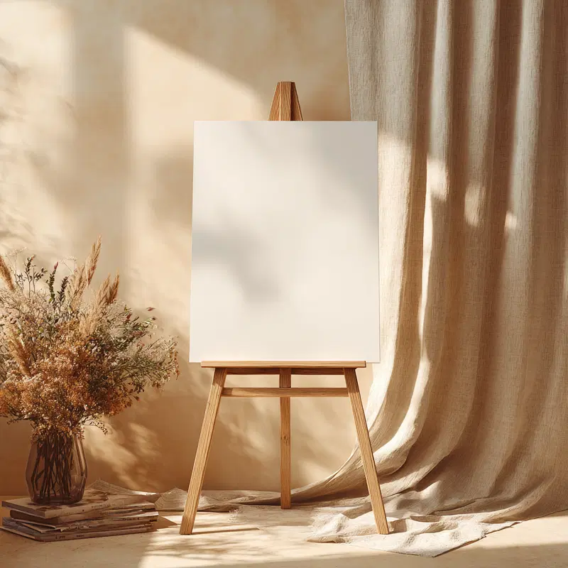 Neutral Wall Decor featuring a Blank Canvas on Wooden Easel with Dried Floral Arrangement