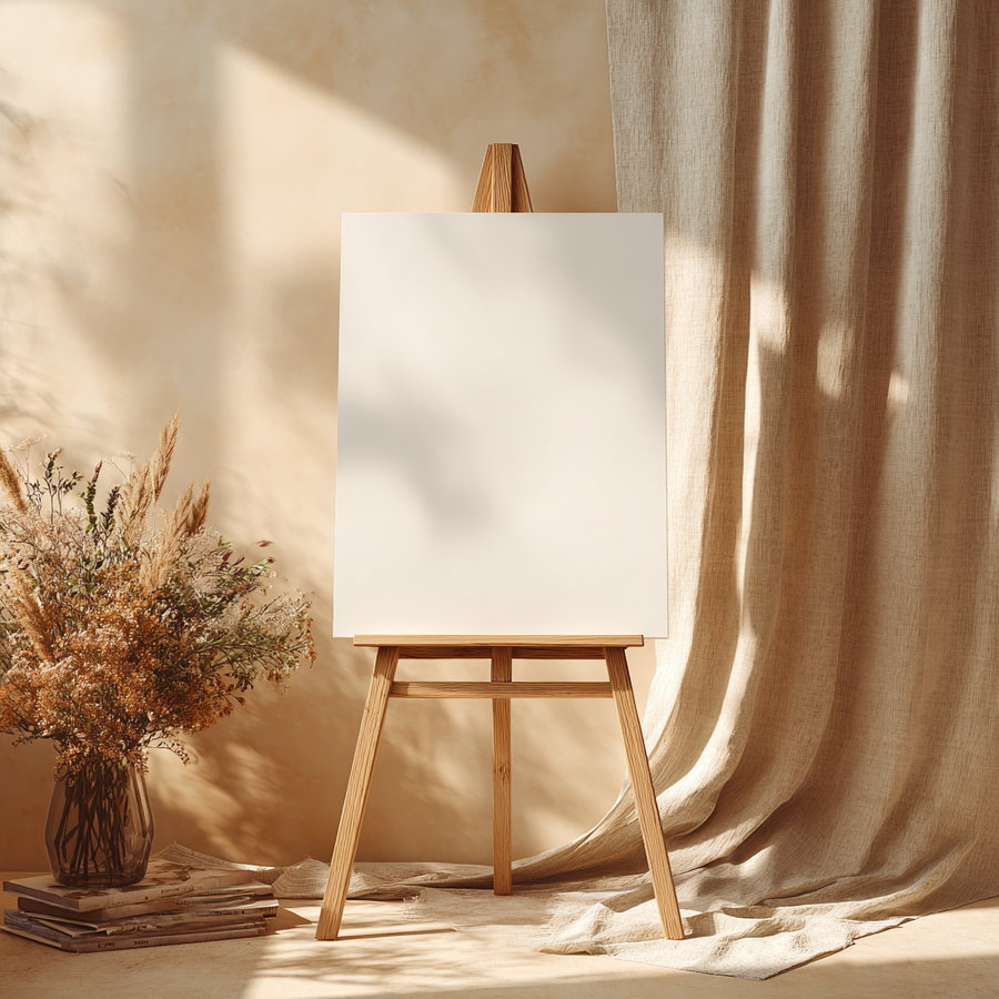 A blank white canvas on a wooden easel placed in a room with beige walls, beige curtains, and a vase of dried flowers on a stack of books