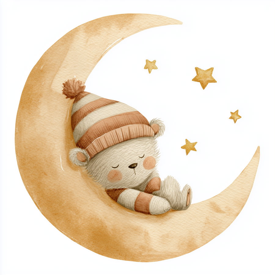 A watercolor painting of a teddy bear wearing a striped hat and sleeping on a crescent moon surrounded by small yellow stars.